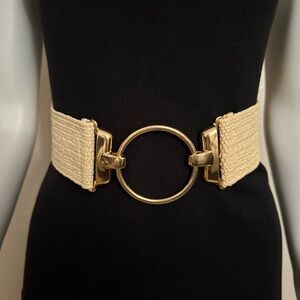 Ivory paper stretchy waistband belt with gold tone circle buckle